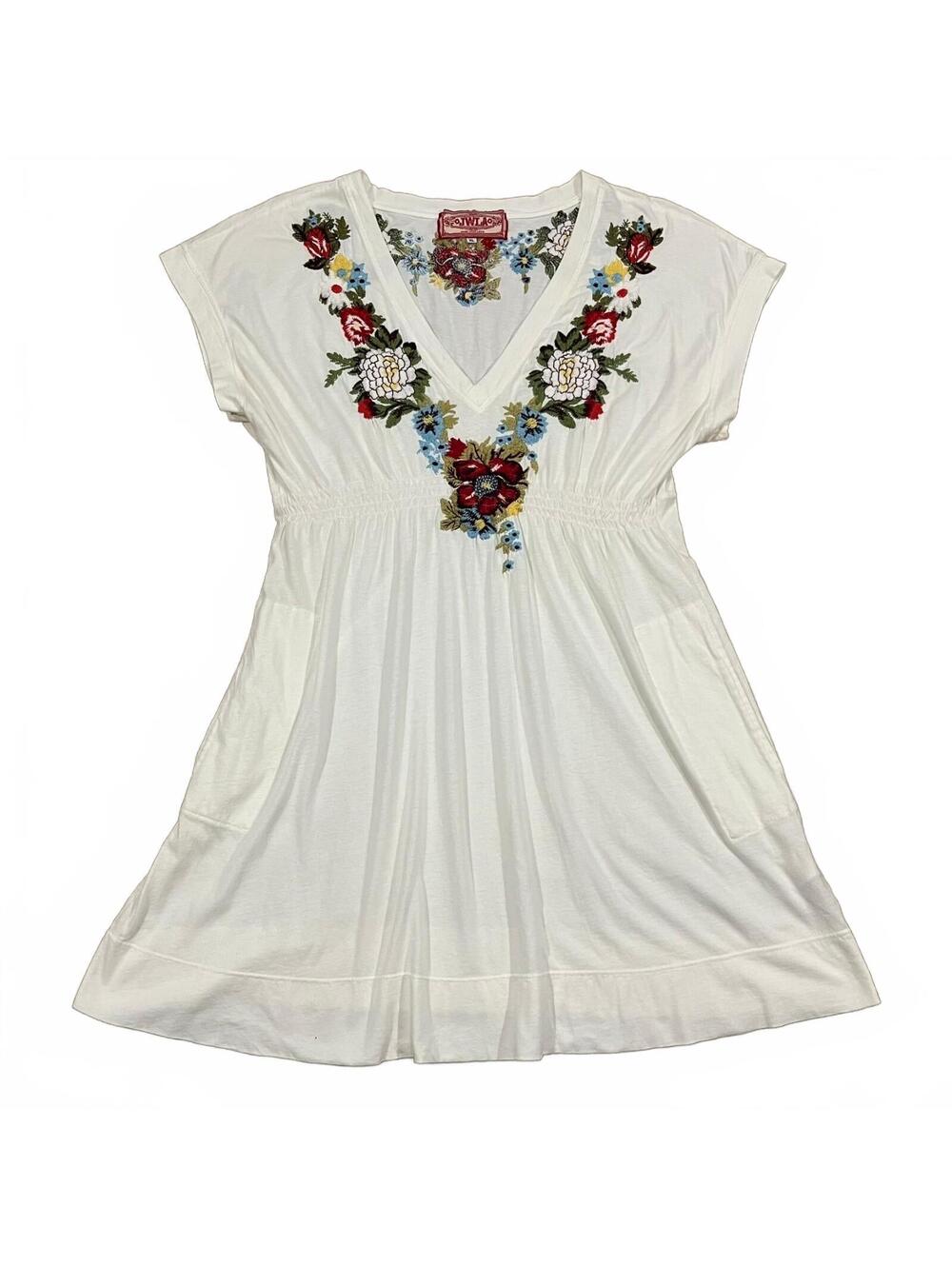 Johnny Was JWLA Embroidered V Neck Babydoll Dress Tunic White Floral Pockets